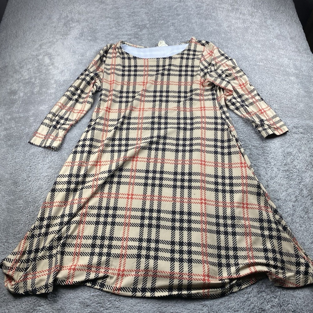 Yelete Dress Women Medium Beige Plaid‎ Shift Short 3/4 Sleeve Round Neck